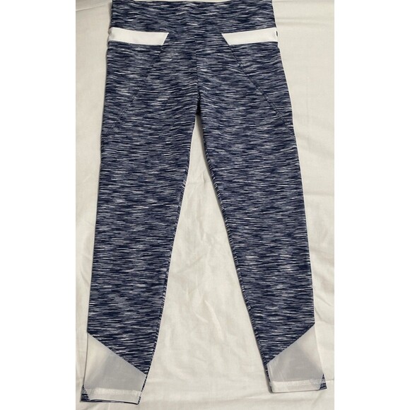 Lanston Sport Leggings Small Cropped Navy White Heather Stripe Mesh Calf NWT - Picture 3 of 12